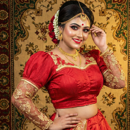 Golden Zari Bridal Designer Blouse with Sheer Net Sleeves | Maggam Work | Readymade