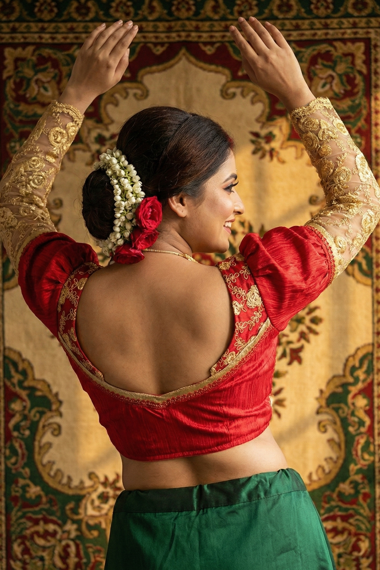 Bridal Red Blouse with Net Sleeve for Wedding