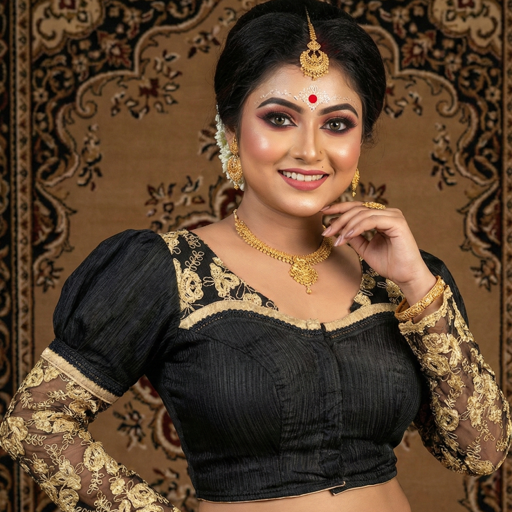 Golden Zari Bridal Designer Blouse with Sheer Net Sleeves | Maggam Work | Readymade