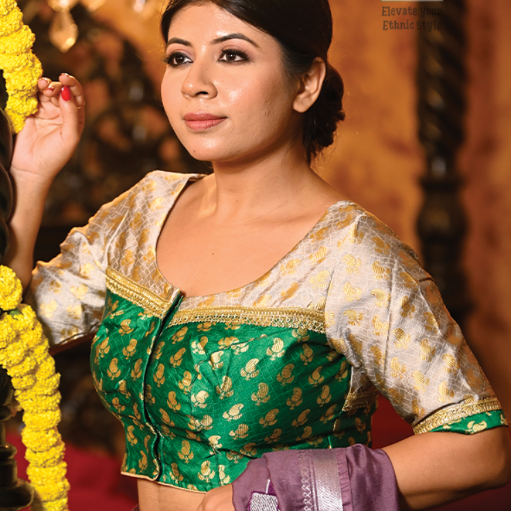 Muktamala Dual-Tone Silk Zari Work Blouse – Bengali Wedding & Festive Wear