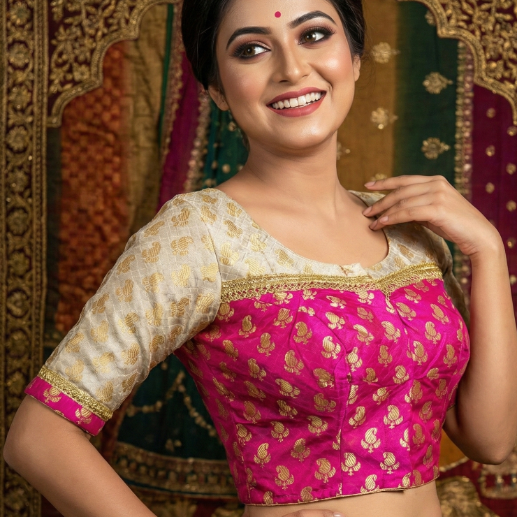 Muktamala Dual-Tone Silk Zari Work Blouse – Bengali Wedding & Festive Wear