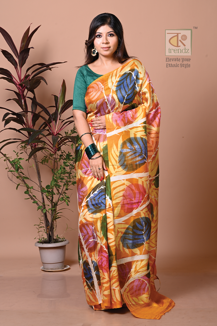 Orange Murshidabad Printed Pure Silk Saree from Bengal ships to  UK and Australia