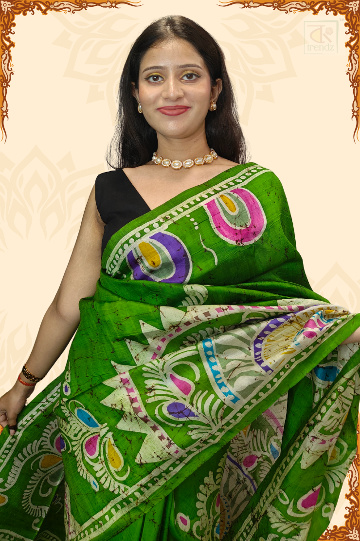 Green Designer Murshidabad Printed Pure Silk Saree from Bengal