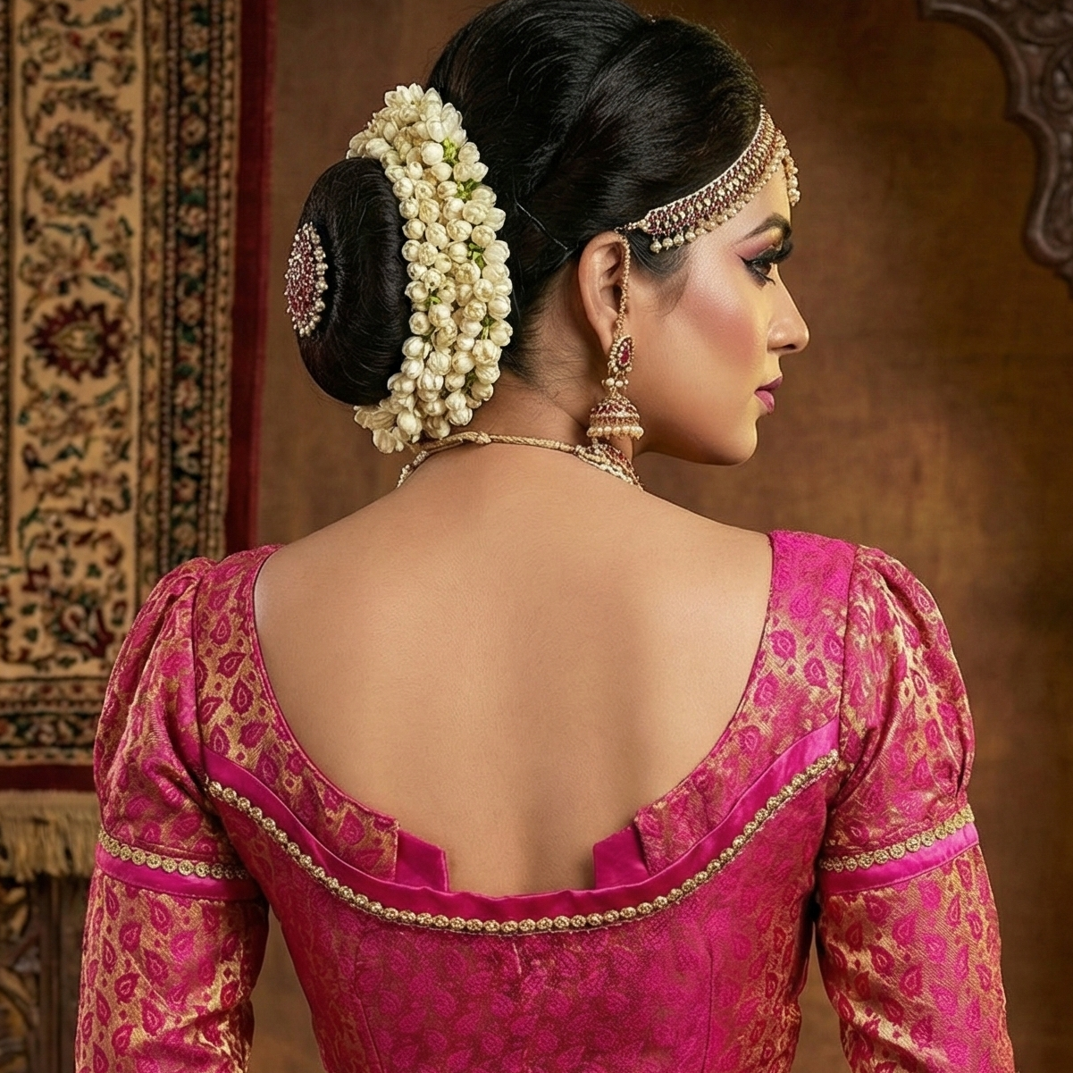 Pink  Silk Bridal Blouse full sleeves Bengali wedding design front hook closure