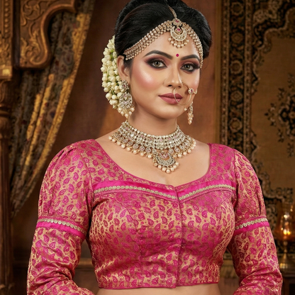 Pink Silk Bridal Blouse full sleeves Bengali wedding design front hook closure