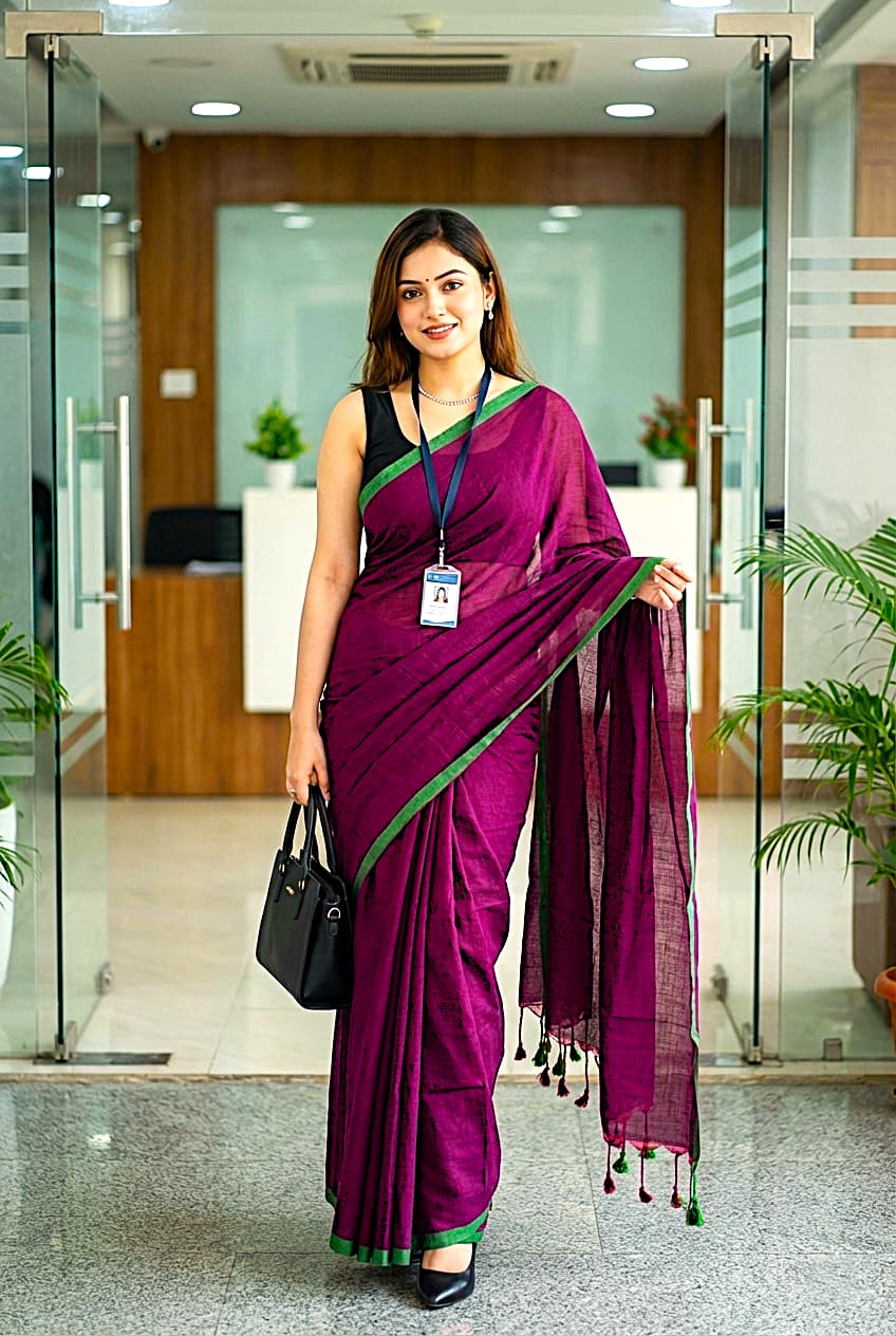 Plain Mul Cotton Saree Deep Pink Front