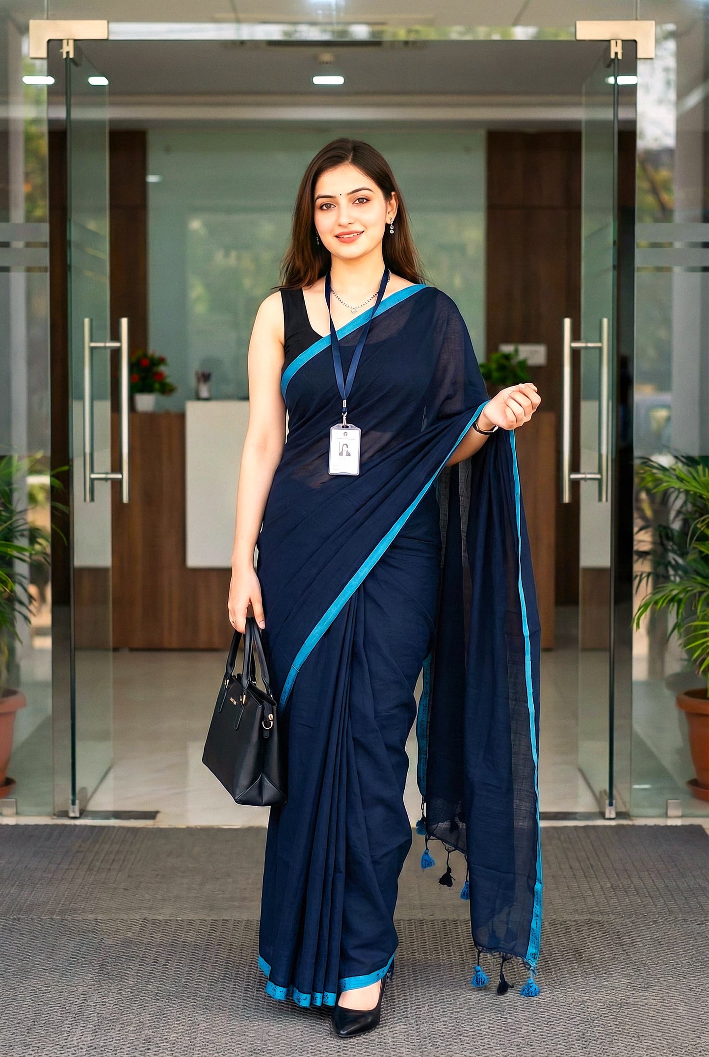 Plain Mul Cotton Saree Navy Blue Front