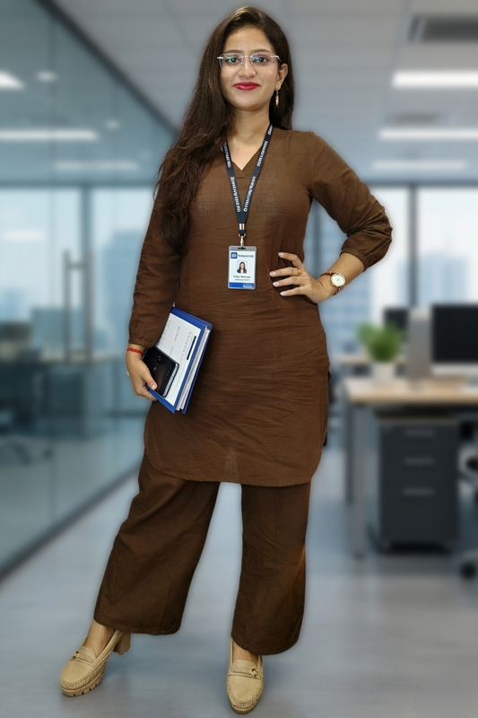 Plain Cotton Office Wear CoOrd Set Brown