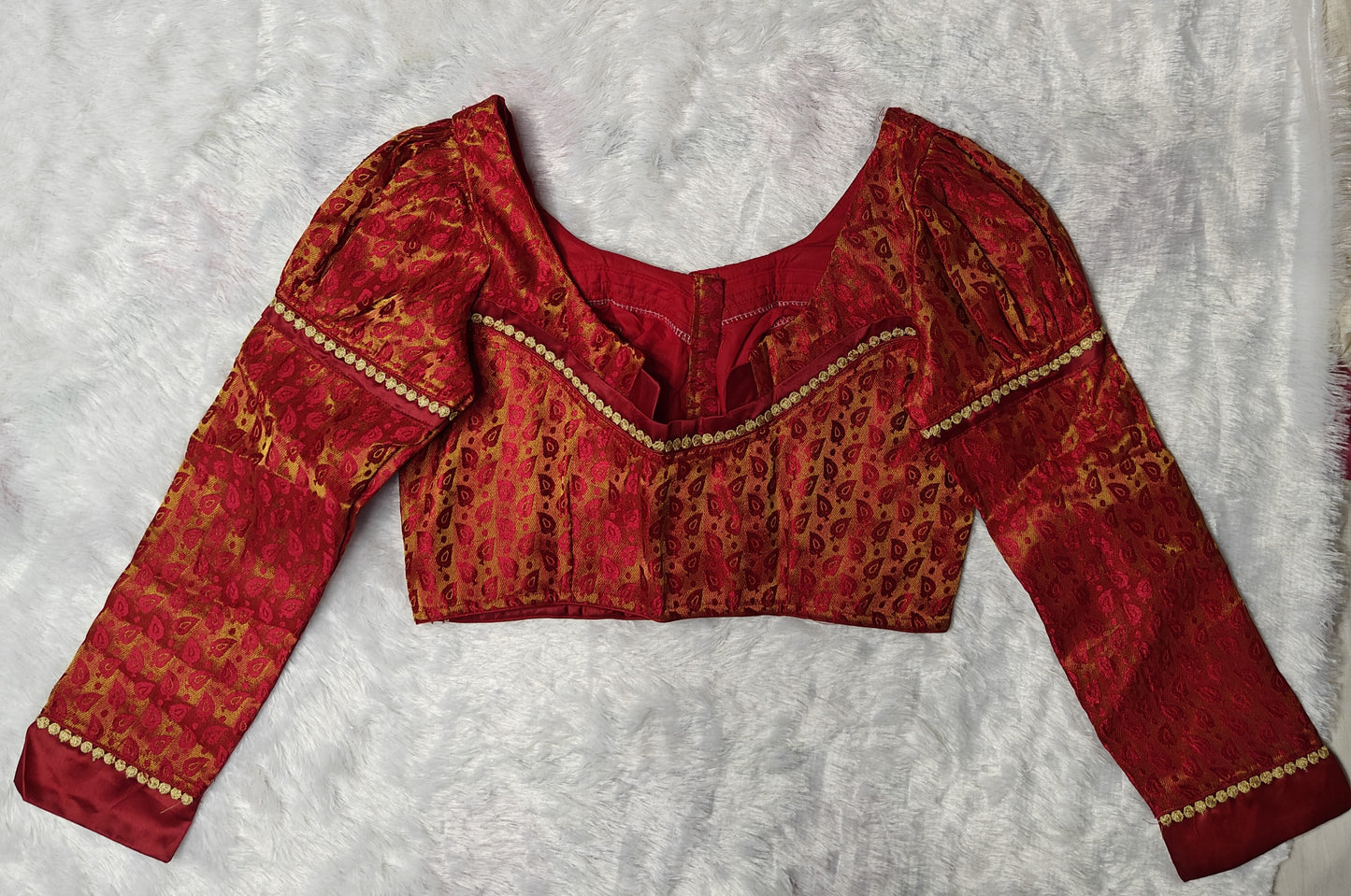 Red Silk Bridal Blouse full sleeves Back Original Picture