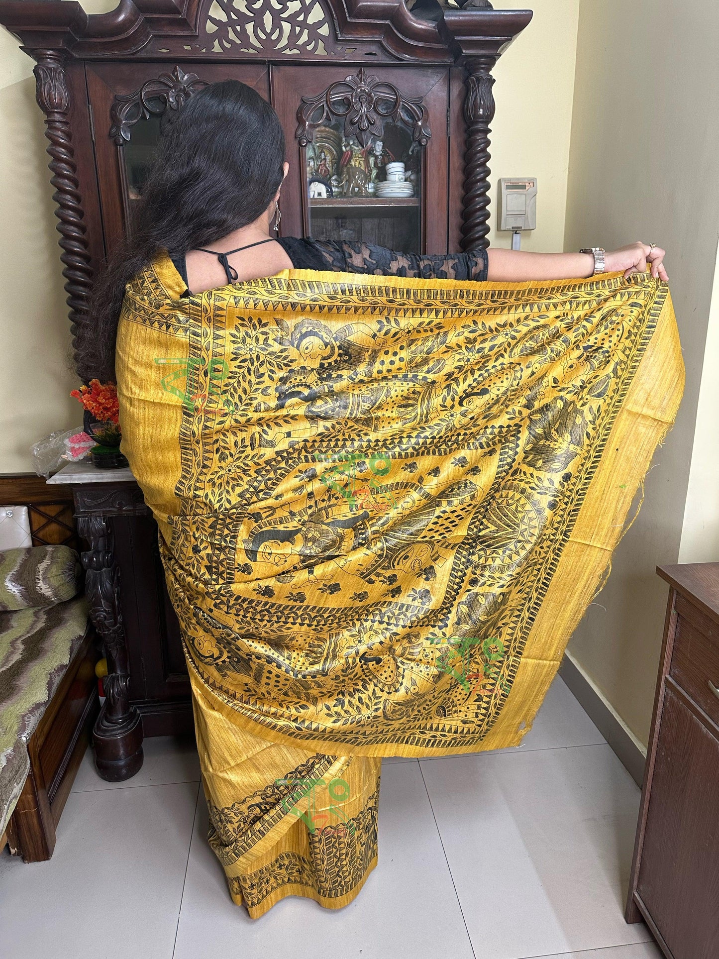 Pure Tassar Ghicha Madhubani Maa Durga Hand Paint Silk Saree