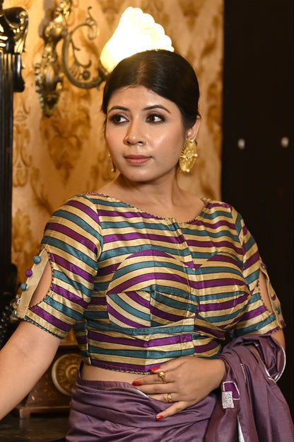 Front view of Rangoboti multicolor striped silk blouse with boat neck and front hook closure.