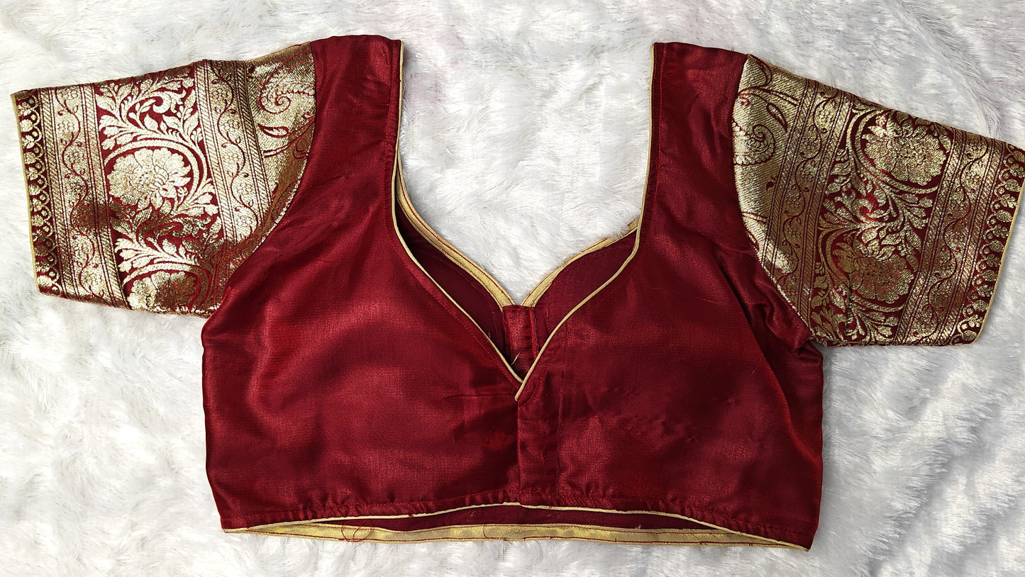 Red Kathan Silk Padded Blouse with Gold Zari Sleeves – Sweetheart Neck