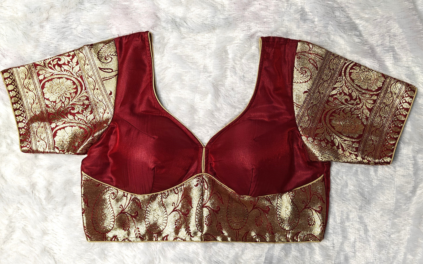 Red Kathan Silk Padded Blouse with Gold Zari Sleeves – Sweetheart Neck