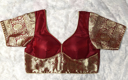 Red Kathan Silk Padded Blouse with Gold Zari Sleeves – Sweetheart Neck