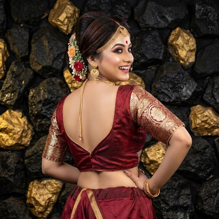 Sweetheart back design of red festive blouse with hook closure.