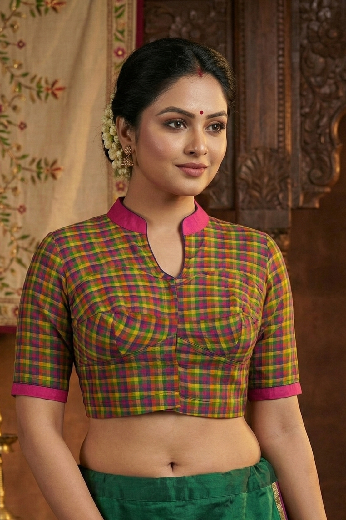 Cotton Check Blouse  with Collar and Dual Contrast Color