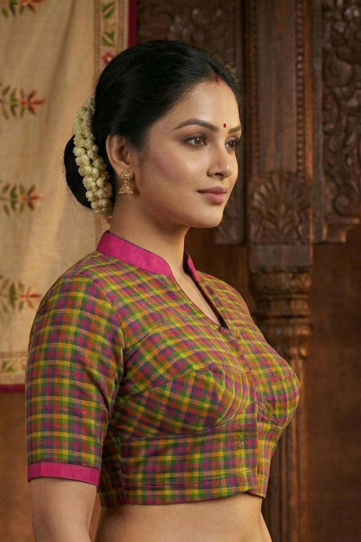 Cotton Check Blouse with Collar