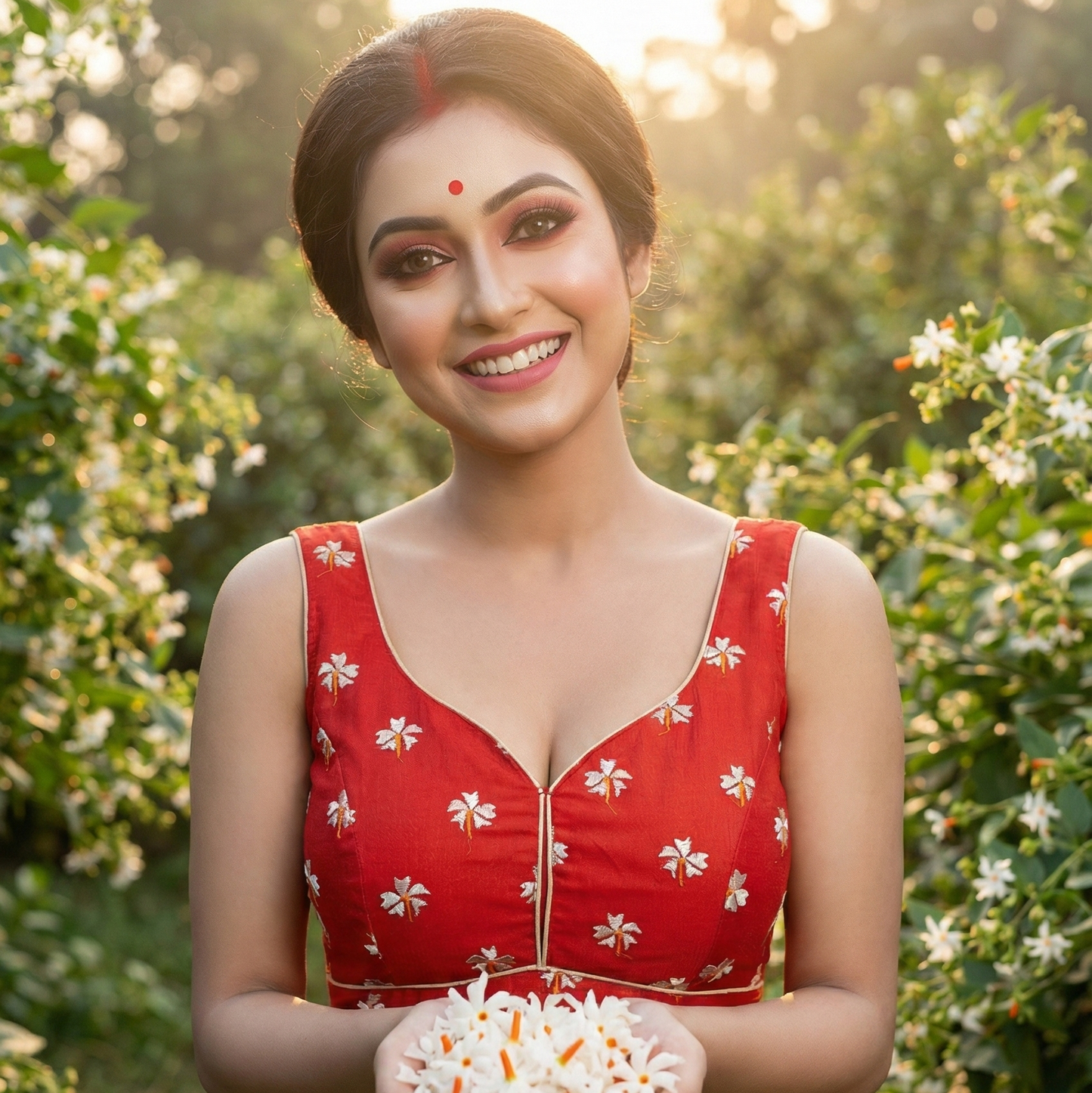 Macro shot of handcrafted Shuili floral embroidery on premium white cotton fabric with inner lining.