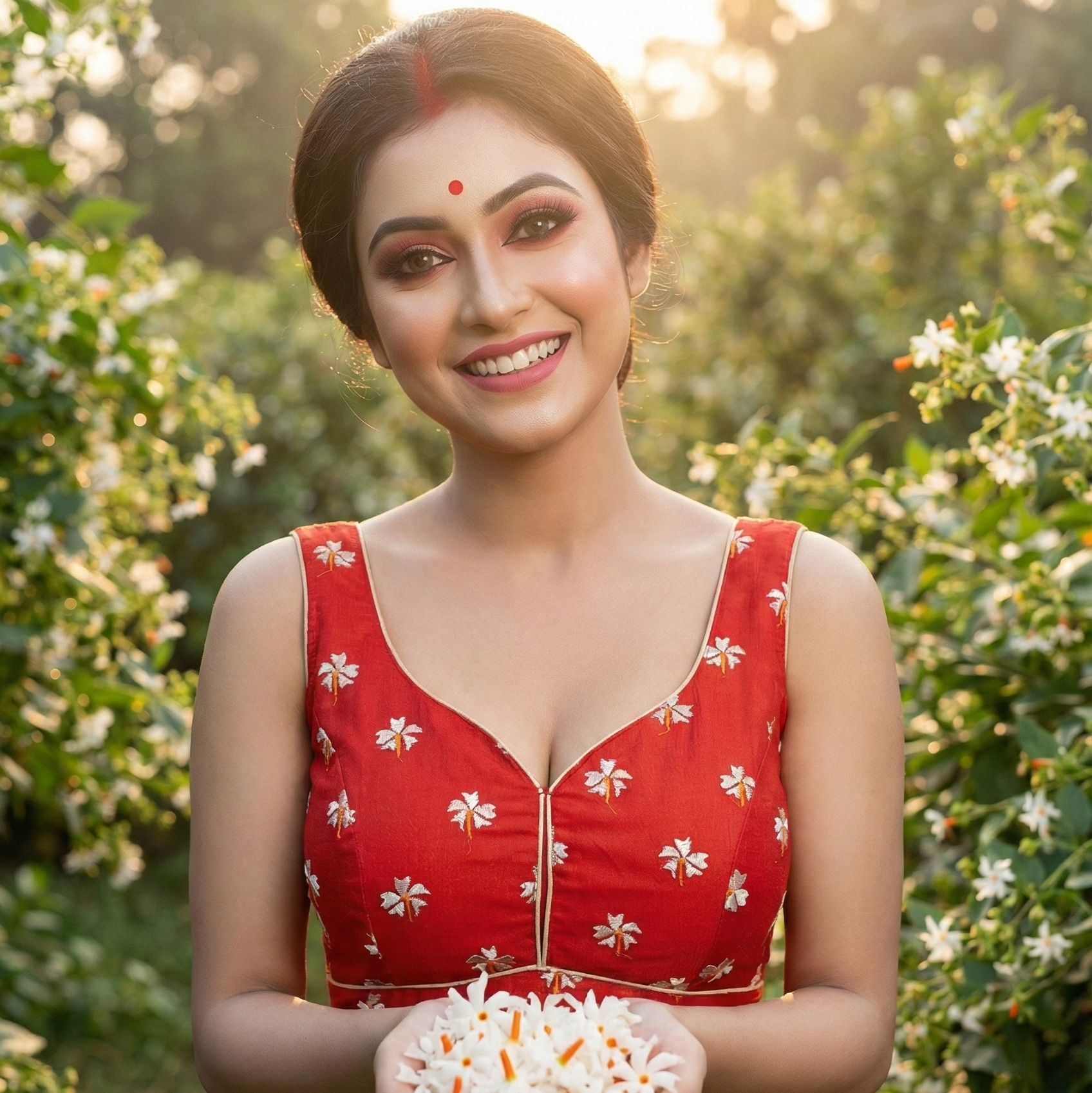 Macro shot of handcrafted Shuili floral embroidery on premium white cotton fabric with inner lining.