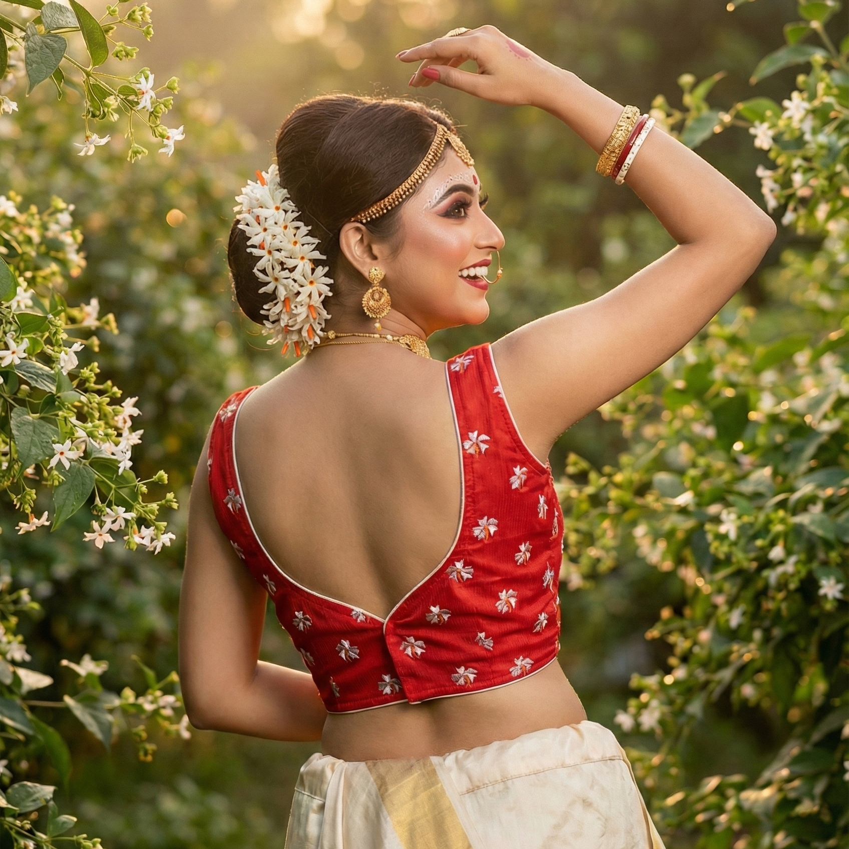 Back view of designer cotton blouse featuring deep sweetheart back design and secure back hook closure.