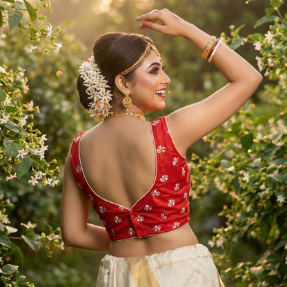 Back view of designer cotton blouse featuring deep sweetheart back design and secure back hook closure.