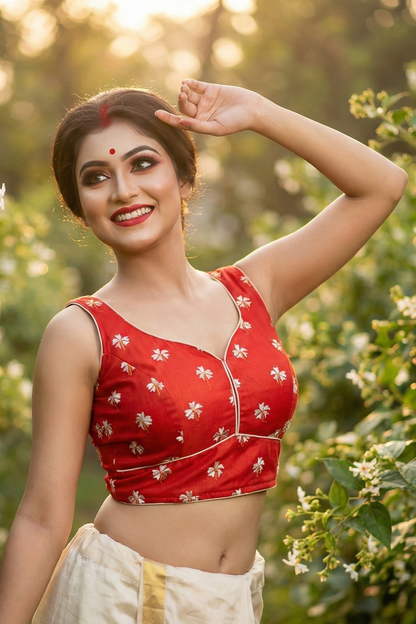 Front view of white cotton sleeveless blouse with red Shuili flower embroidery and sweetheart neckline.