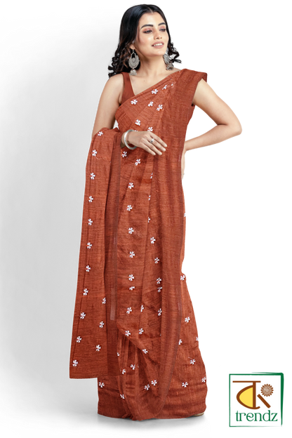 Shiuli Embroidery Khadi Saree