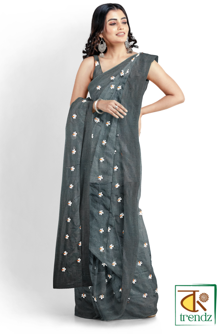 Shiuli Embroidery Khadi Saree