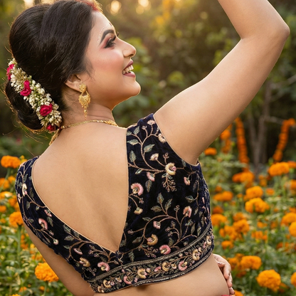 Floral Embroidered Velvet Sleeveless Blouse – Plunge Neck & Padded