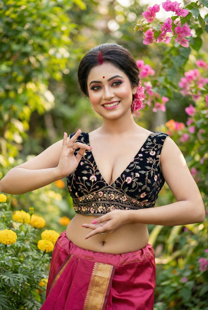 Sleeveless velvet saree blouse with floral embroidery and plunge neckline