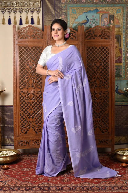 Soft Kolka Embroidered Saree – Violet | Embroidered Cotton Saree | Bong Trendz