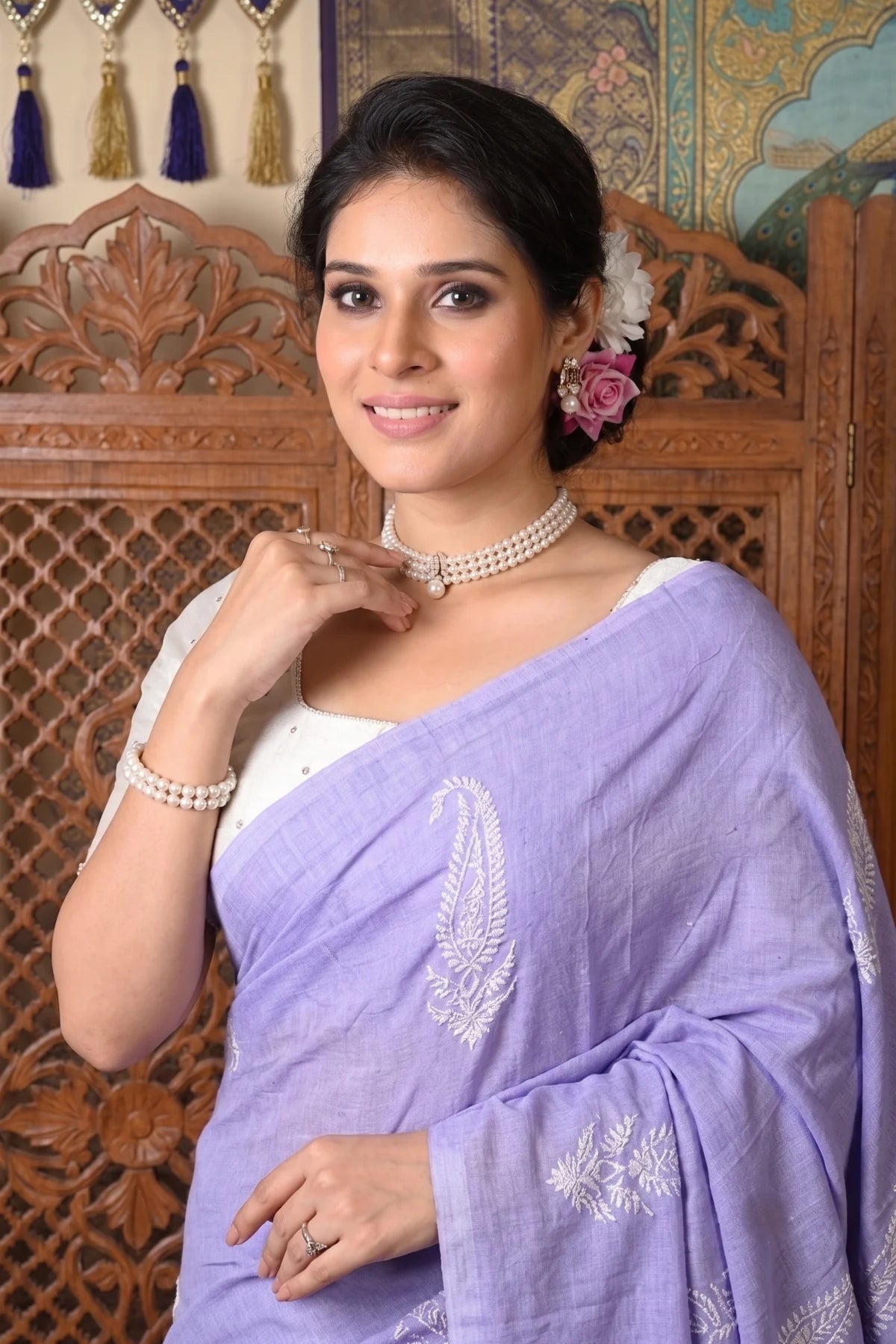 Soft Kolka Embroidered Saree – Violet | Embroidered Cotton Saree | Bong Trendz