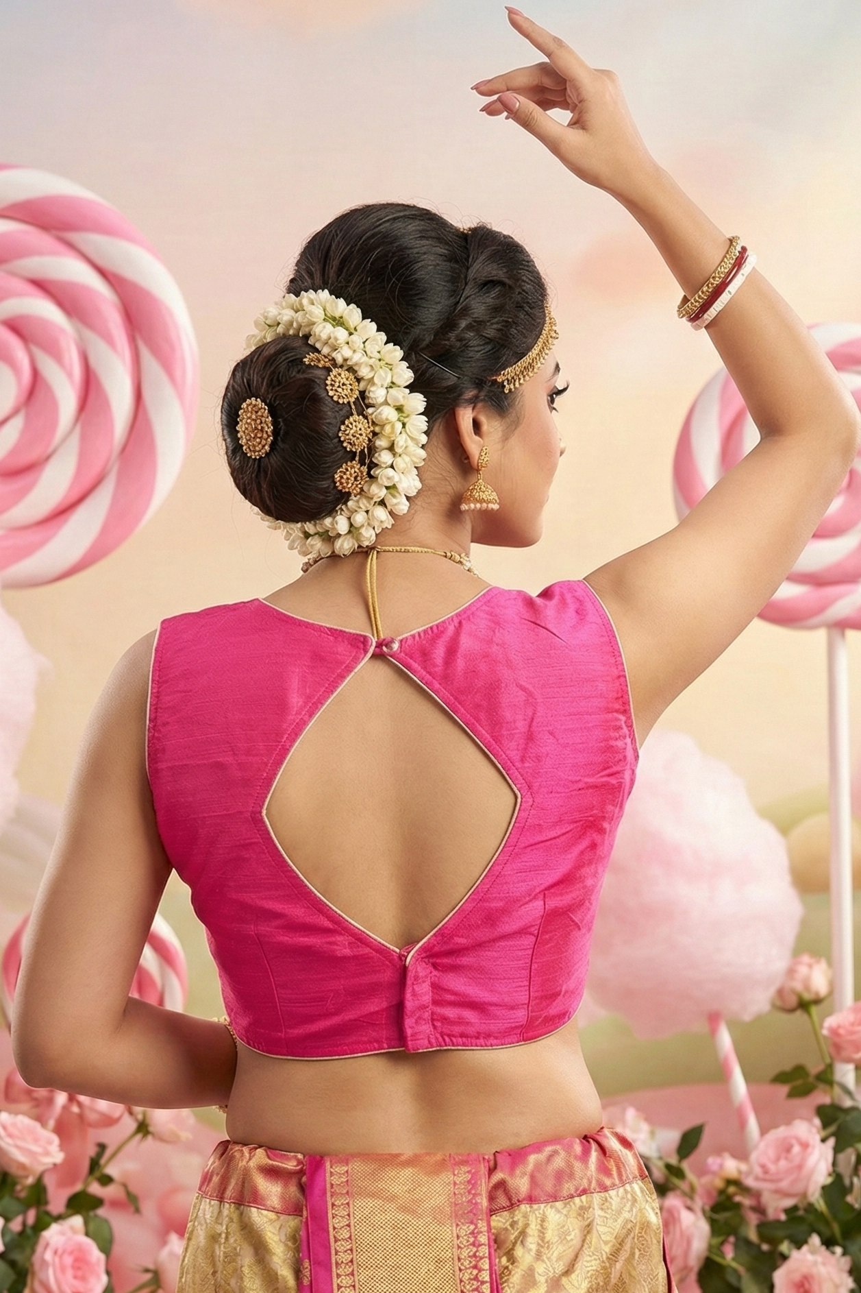 Stylish keyhole back design of cotton readymade blouse with button closure.