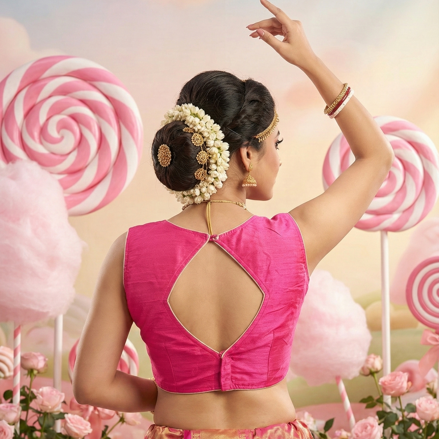 Stylish keyhole back design of cotton readymade blouse with button closure.