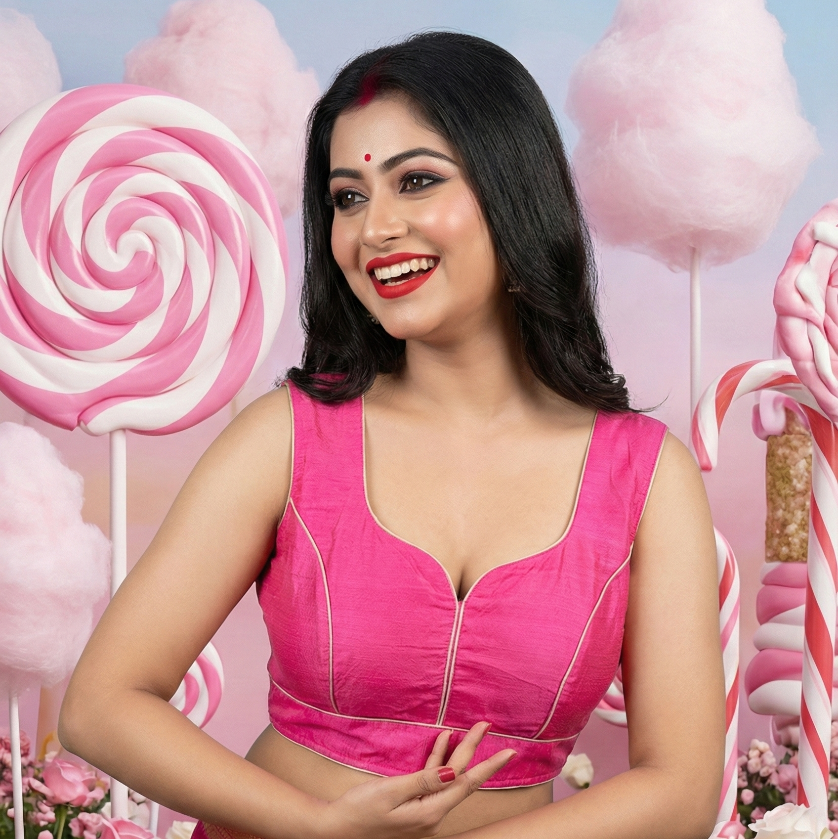 Front view of plain cotton sleeveless blouse with sweetheart neckline and elegant golden piping.