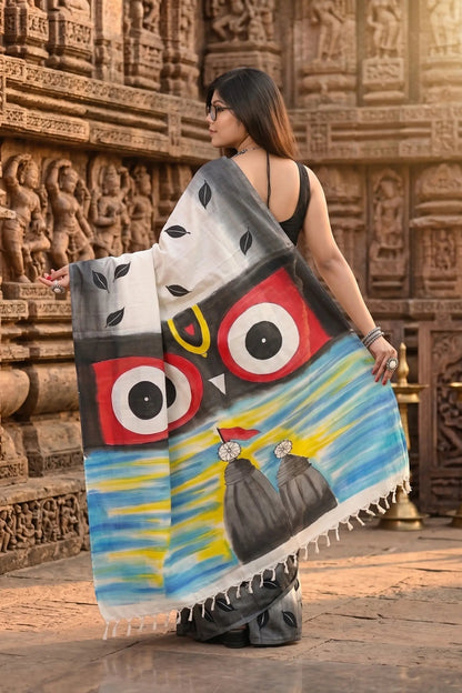 Prabhu Shree Jagannath Hand-Painted Tant Cotton Saree - Pallu Detail | Bong Trendz