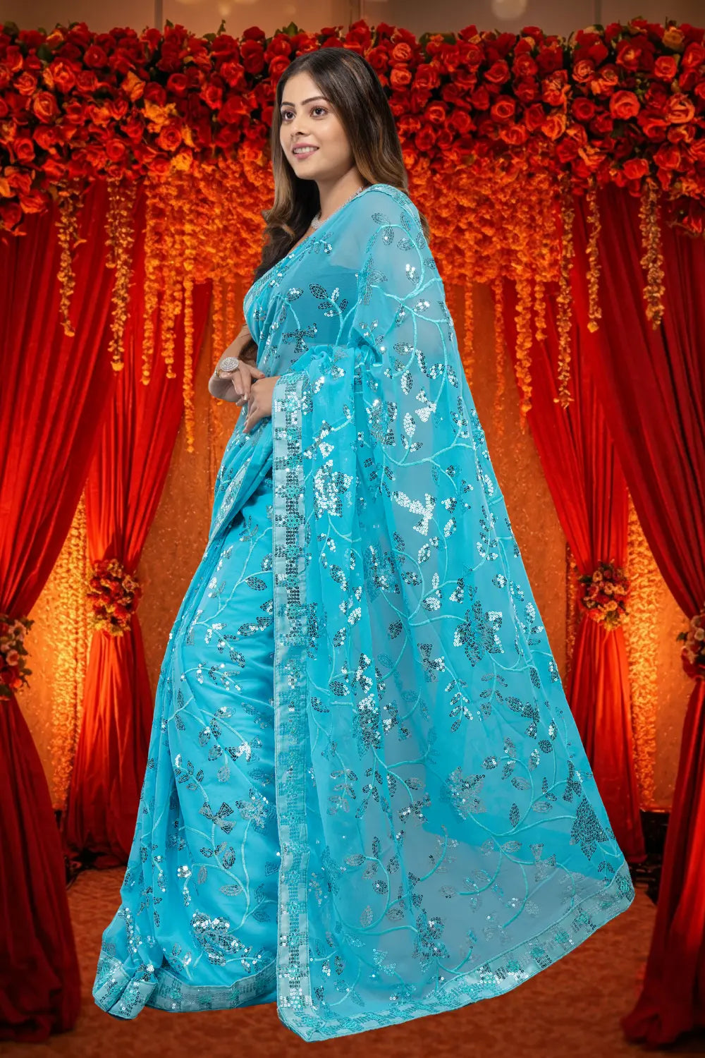 Bollywood Georgette Sequence Saree – Draped Side View 6 | Bong Trendz
