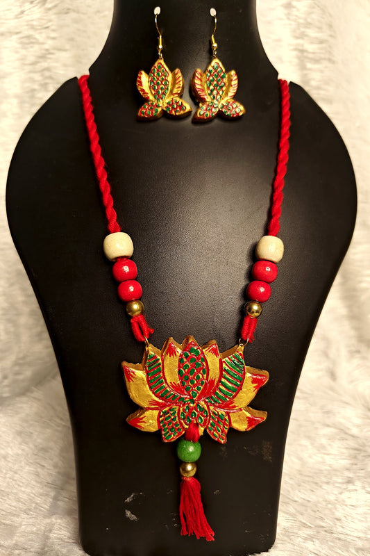 Terracotta lotus pendant necklace and earrings set in red-gold with tassel - handmade Bengal jewellery by Bong Trendz
