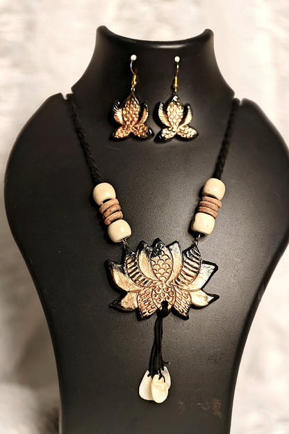 Terracotta lotus pendant necklace and earrings set in black-gold with tassel - handmade Bengal jewellery by Bong Trendz