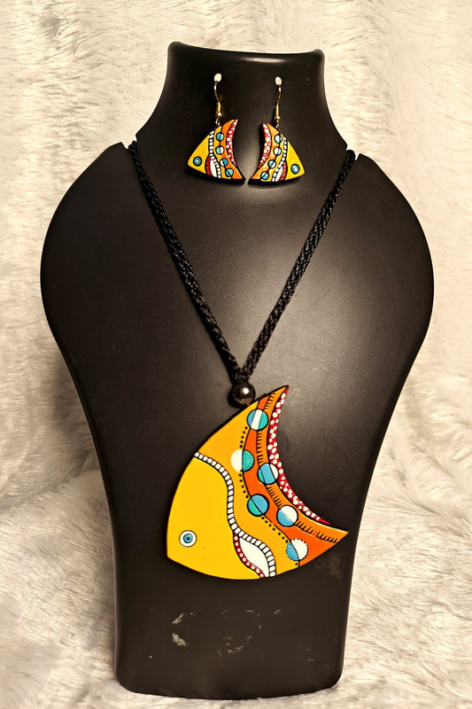 Pattachitra fish terracotta pendant necklace and earrings set in sunrise multicolour - handmade Bengal folk art jewellery by Bong Trendz