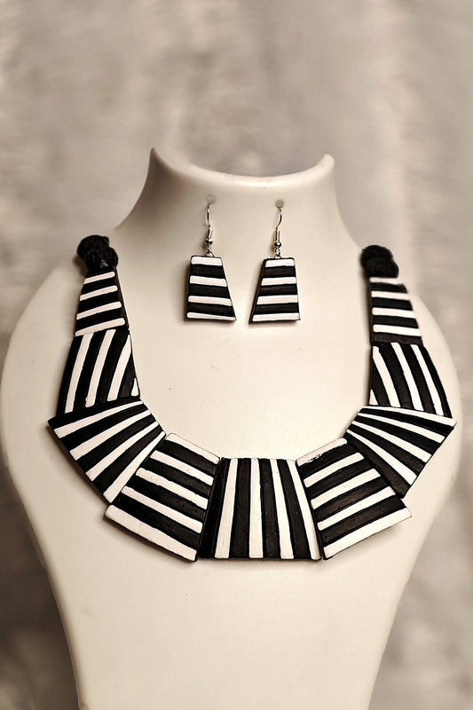 Terracotta chevron stripe collar necklace and earrings set in monochrome black-white - handmade Bengal jewellery by Bong Trendz