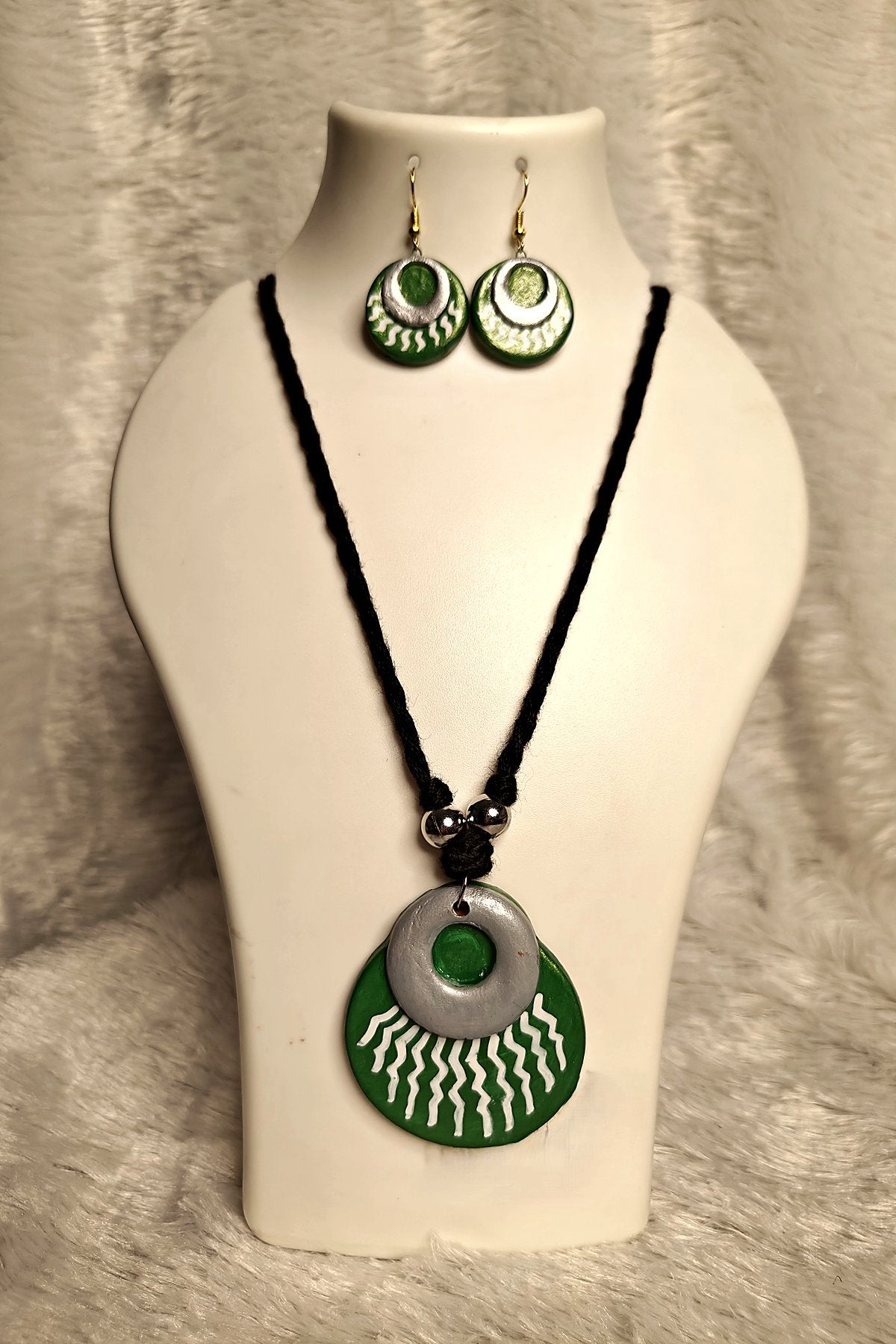 Terracotta sun disc medallion necklace and earrings set in emerald-silver - handmade Bengal jewellery by Bong Trendz