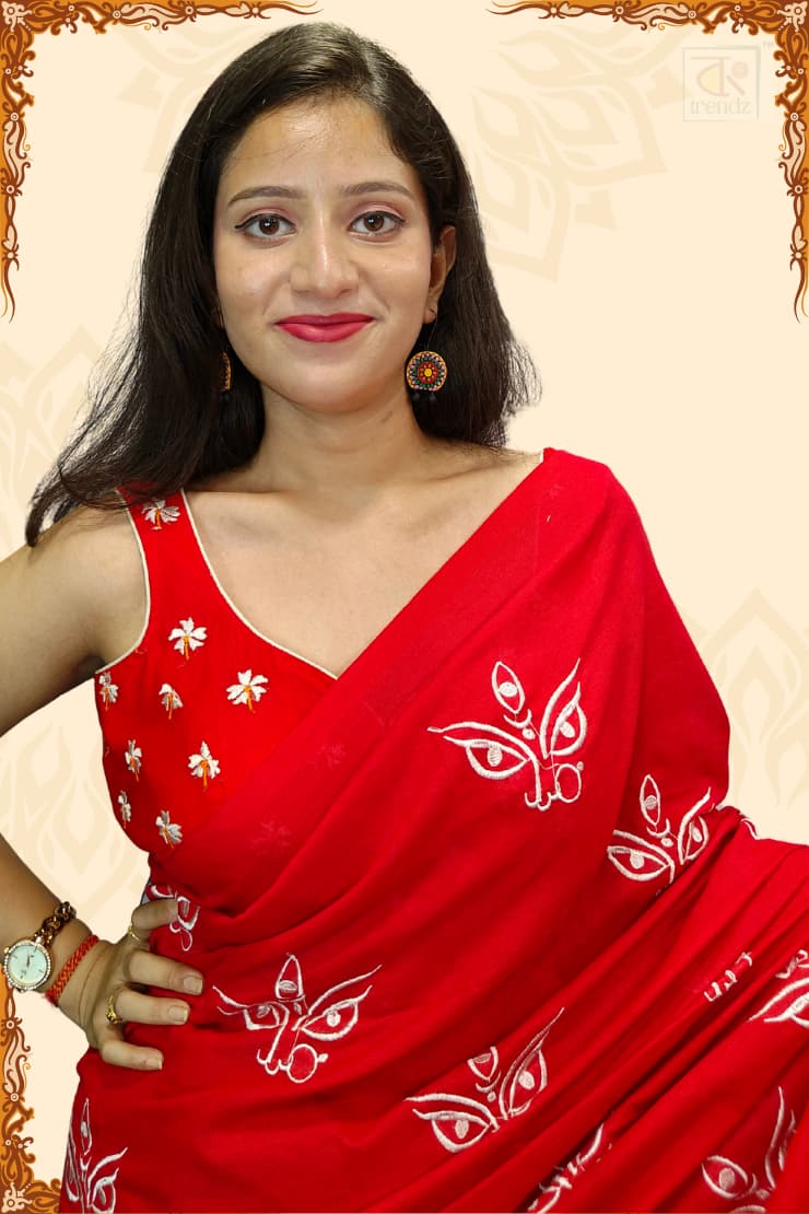 Trinayani Embroidered Saree Red for Puja and Divine ceremony