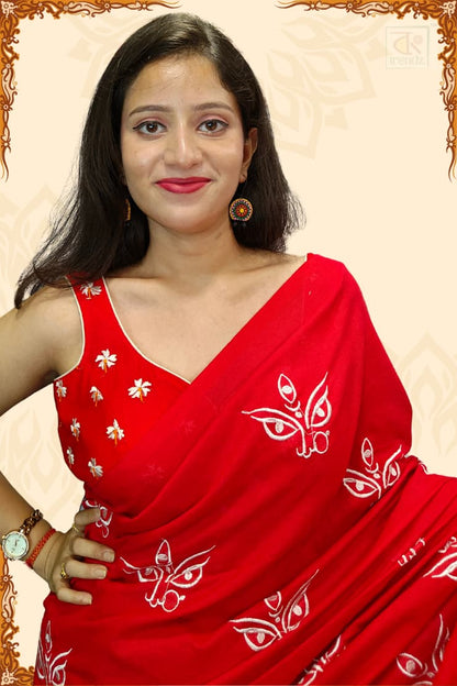 Trinayani Embroidered Saree Red for Puja and Divine ceremony