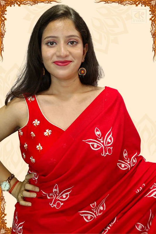 Trinayani Embroidered Saree Red for Puja and Divine ceremony