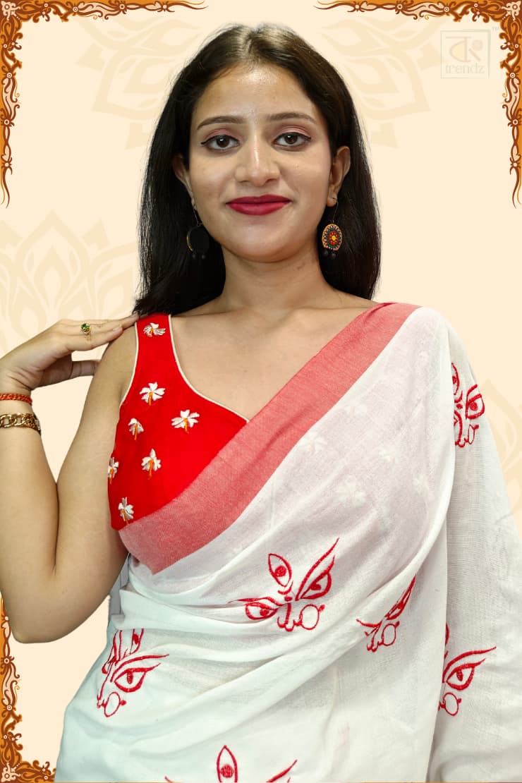 Trinayani Embroidered Saree White for Puja and Divine ceremony