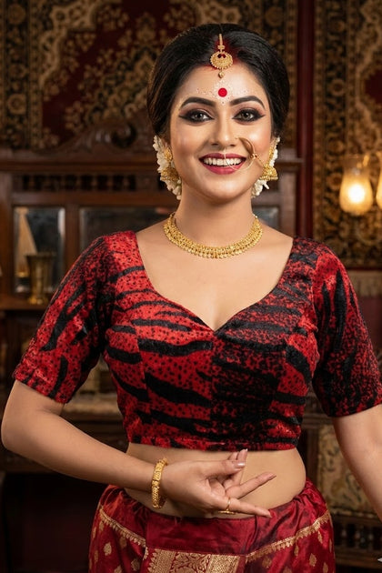 Red Velvet Tiger Stripe Sweetheart Neck Blouse – Padded & Short Sleeves | Bong Trendz