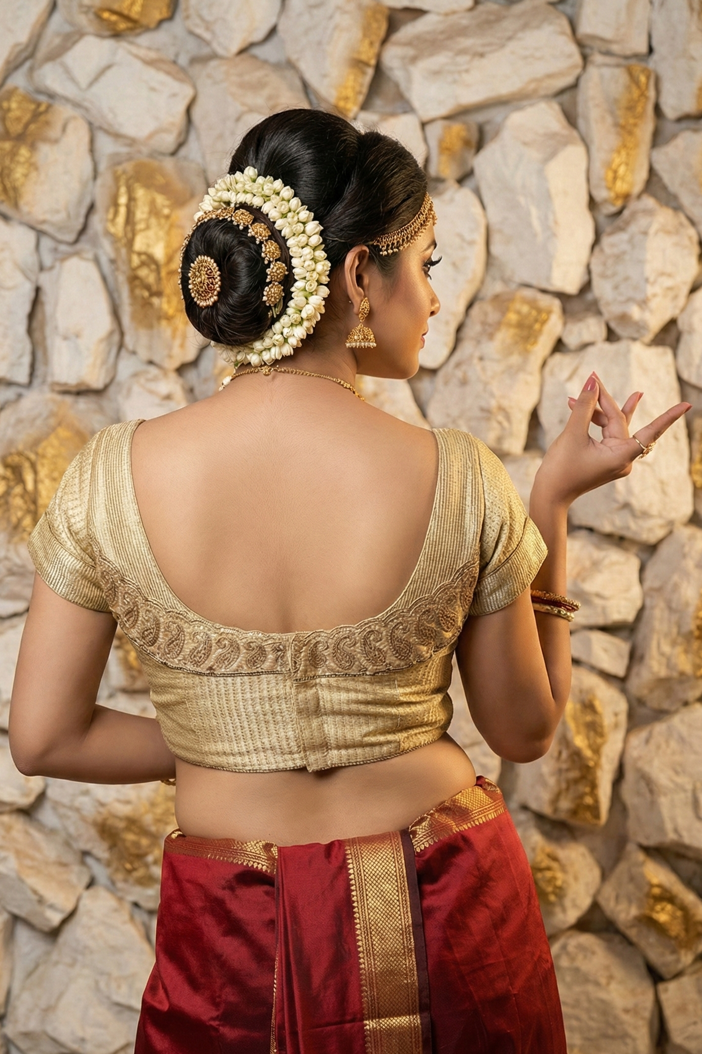 Deep scoop back design whitish gold blouse with back hook closure