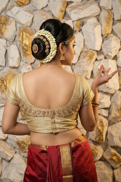 Deep scoop back design whitish gold blouse with back hook closure