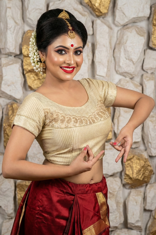 Whitish golden blended cotton blouse with zari kolka embroidery front view